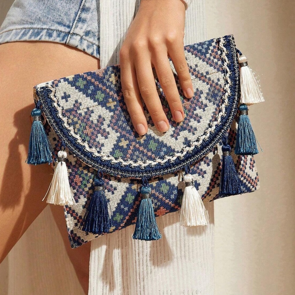 Boho Blue Multicolor Geo Print Tassel Clutch Crossbody Bag